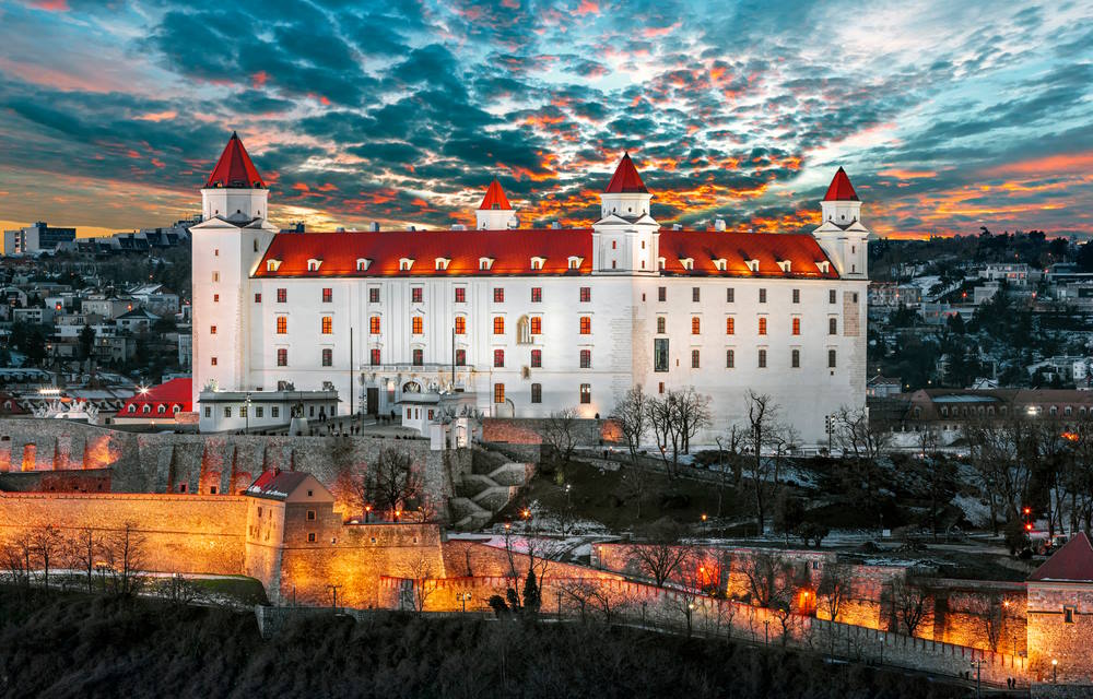 Bratislava,Castle,On,The,Hill,Over,Danube,River,After,Sunset